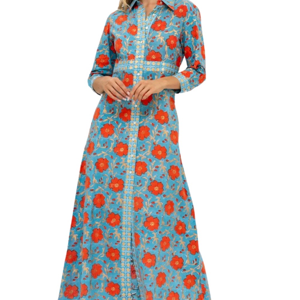 NWT Oliphant Shirt dress maxi small Red Poppy blue